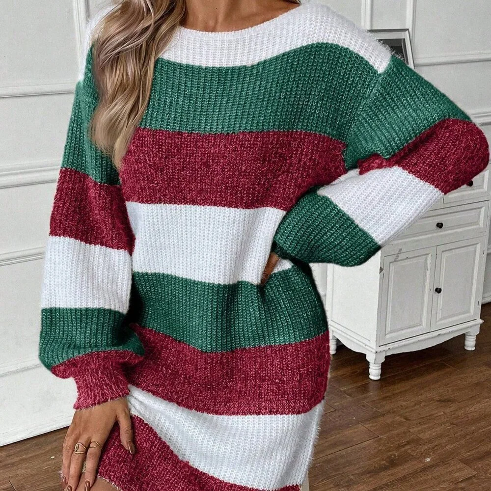 Multicolor Casual Women's Color lock Striped Lantern Sleeve Sweater Dress